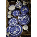 A TRAY OF BLUE AND WHITE MINTON WILLOW PATTERN CHINA