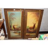 A PAIR OF LARGE FRAMED VINTAGE OIL PAINTINGS ON BOARD DEPICTING STAGS SIZE - 87CM X 36CM