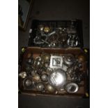 TWO TRAYS OF SILVER PLATED METALWARE ETC.