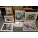 A COLLECTION OF STILL LIFE OIL PAINTINGS TO INCLUDE AN ABSTRACT PASTEL OF TABLE TOP SCENE SIGNED