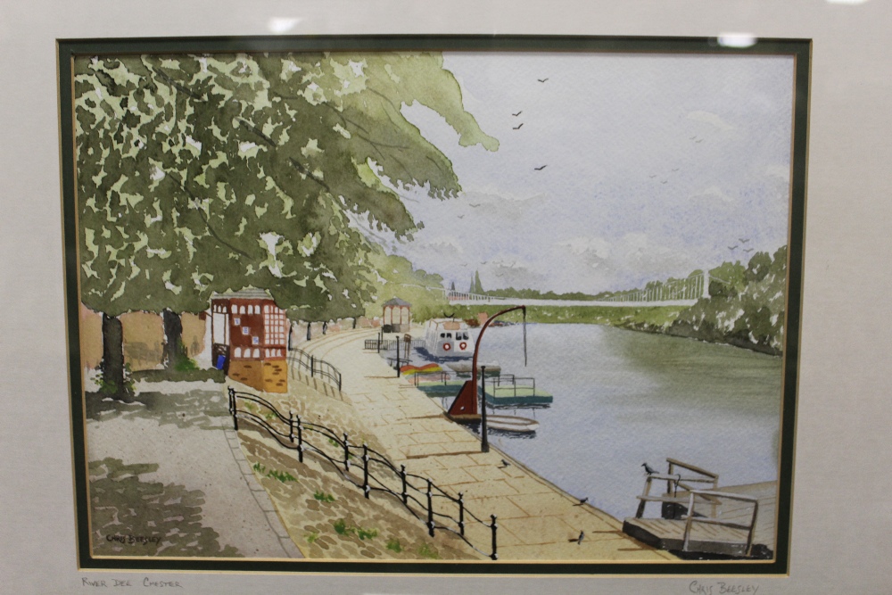 TWO FRAMED AND GLAZED WATERCOLOURS - 'THE RIVER DEE - CHESTER' BY CHRIS BEASLEY AND 'SNOWDON' BY