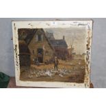 AN UNFRAMED ANTIQUE OIL ON CANVAS DEPICTING A FIGURE WITH GEESE IN A STREET SCENE INITIALLED JMV