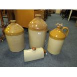 THREE STONEWARE FLAGONS - THE LARGEST 'J. WHITEHOUSE AND SON - WALSALL' H-52 CM AND A HOT WATER