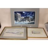 THREE ASSORTED WATERCOLOURS TO INCLUDE AN UNFRAMED MOONLIT CHURCHYARD SCENE