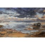 A FRAMED AND GLAZED PASTEL ENTITLED 'WAITING FOR THE TIDE' SIGNED JEAN BYATT SIZE - 51CM X 31CM