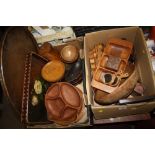 TWO BOXES OF ASSORTED TREEN TO INCLUDE TWIN HANDLED SERVING TRAYS AND FRUIT BOWL