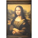 A FRAMED MODERN OIL ON CANVAS DEPICTING THE MONA LISA PAINTING INDISTINCTLY SIGNED LOWER RIGHT