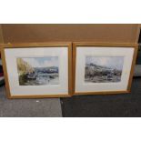 A PAIR OF PINE FRAMED AND GLAZED WATERCOLOURS DEPICTING HARBOUR SCENES WITH MOORED BOATS BY RAY