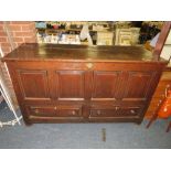 A LARGE 19TH CENTURY OAK FOUR PANEL MULE CHEST WITH CARVED 'C M ' INITIALS H-102 W-174 D-64 CM