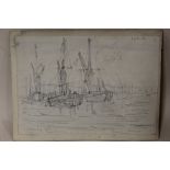 CIRCLE OF LAWRENCE STEPHEN LOWRY - AN UNFRAMED PENCIL SKETCH OF SAILBOATS AT SEA, SIZE H 18CM BY W