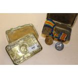 TWO WWI MEDALS AWARDED TO 112870 PTE. A. E. TAYLOR TANK CORPS. TOGETHER WITH TWO BRASS 1914