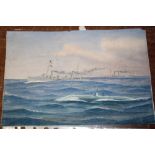 (XX) Naval scene with battleships and submarine, signed with monogram lower right, watercolour,