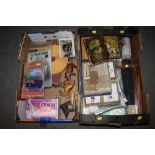TWO TRAYS OF COLLECTABLES TO INCLUDE A SMALL DISPLAY CABINET AUSTRALIAN MILITARY ARM BAND, WOODEN