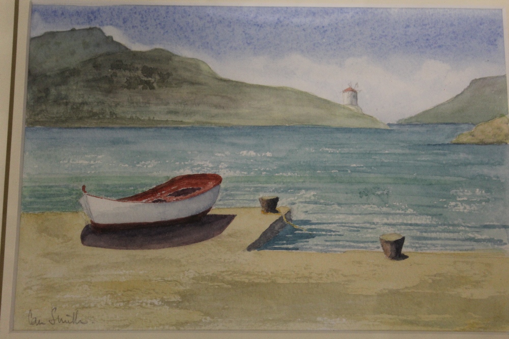 THREE ASSORTED WATERCOLOURS TO INCLUDE SEASCAPES TOGETHER WITH AN OIL PAINTING OF BUILDINGS IN A - Image 4 of 5