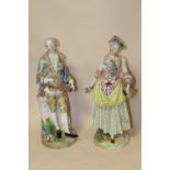 A PAIR OF MEISSEN STYLE FIGURES OF A YOUNG LADY AND A YOUNG MAN BOTH HOLDING A BASKET AND A POSY