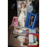 A COLLECTION OF PORCELAIN HEADED DOLLS, A DR WHO POLICE PHONE BOX A/F ETC.