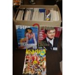 A BOX OF MAGAZINES TO INCLUDE FHM, LOADED, ESQUIRE, ARENA, GQ ETC. (50+)