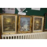 THREE FRAMED OIL ON CANVASES DEPICTING RIVERSIDE SCENES