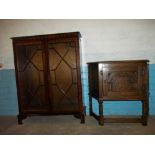 A GLAZED BOOKCASE TOGETHER WITH AN OAK POT CUPBOARD (2)