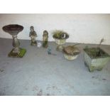 A SELECTION OF CONCRETE PLANTERS, A BIRD BATH AND STATUES (7)