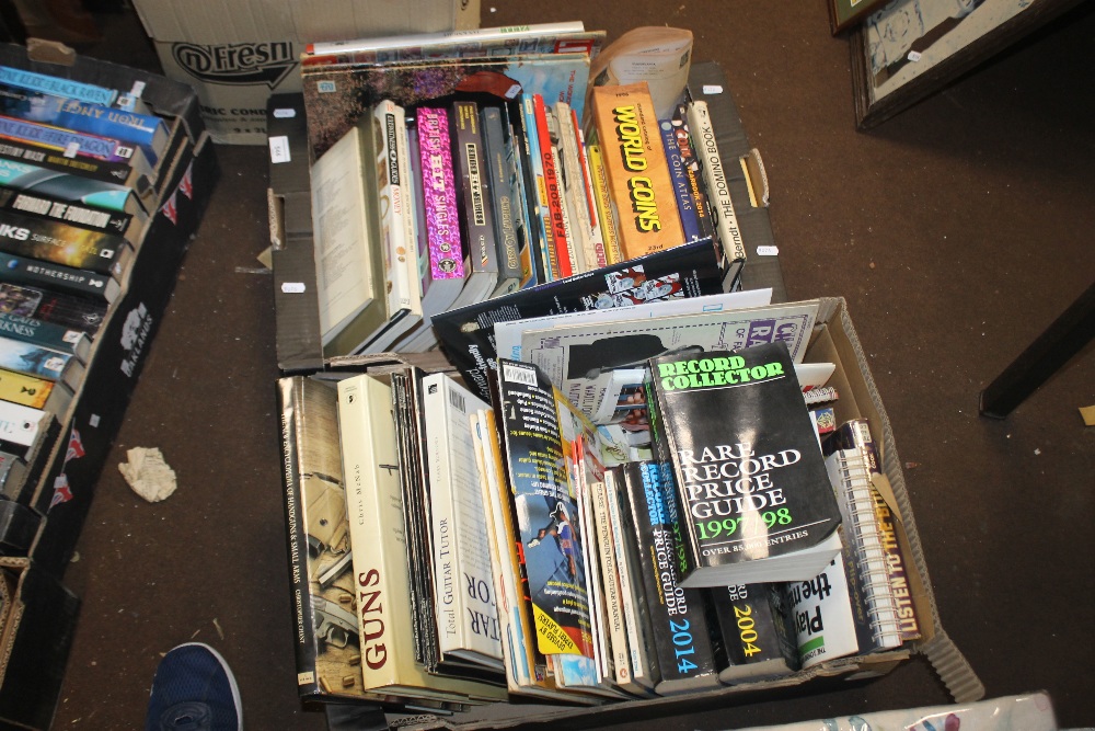 TWO BOXES OF MISCELLANEOUS BOOKS INCLUDING MUSIC, COIN REFERENCE ETC.