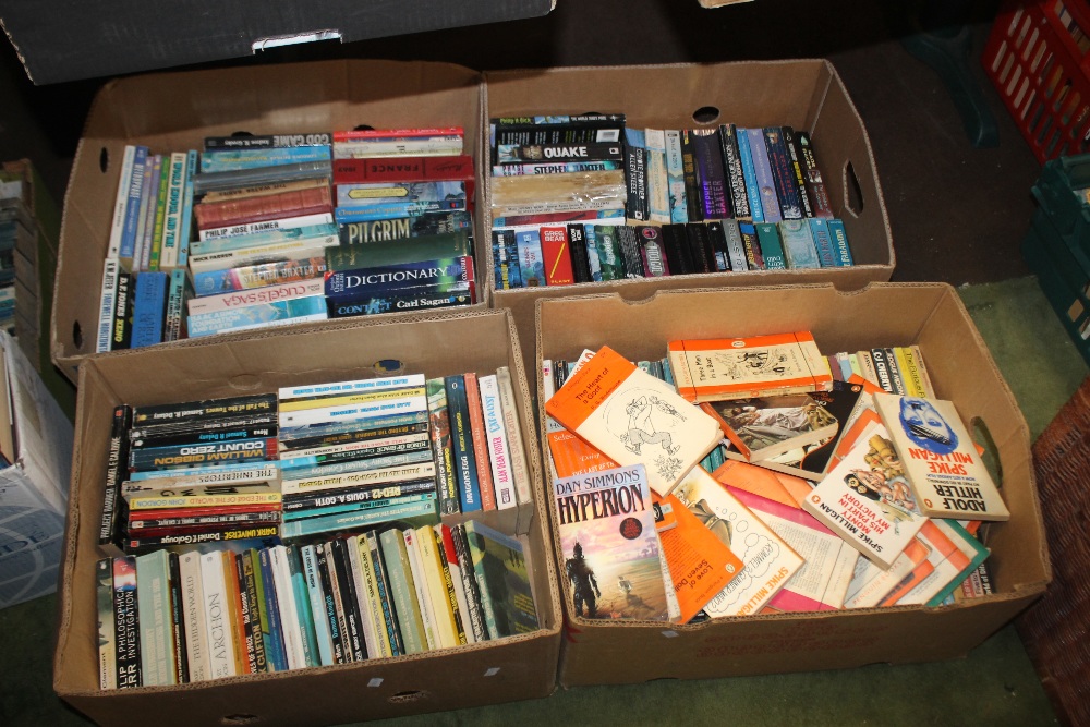 A FOLDING WICKER BOX AND TWO TRAYS OF MAINLY SCIENCE FICTION, FANTASY BOOKS