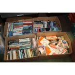 A FOLDING WICKER BOX AND TWO TRAYS OF MAINLY SCIENCE FICTION, FANTASY BOOKS