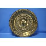 A LARGE CIRCULAR BRASS CHARGER DECORATED WITH ANIMALS, D 61 CM