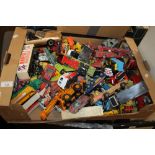 A BOX OF PLAYWORN DIECAST VEHICLES TO INCLUDE LESNEY, CORGI AND MATCHBOX