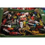 A BOX OF DIECAST VEHICLES, MAINLY CARS AND TRUCKS BY MATCHBOX, CORGI, DINKY ETC.