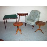 FIVE PIECES OF SMALL FURNITURE TO INCLUDE AN EASY CHAIR, TWO PEDESTAL WINE TABLES, A FOLDING GAMES