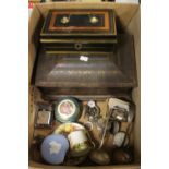 A METAL CASH TIN, A SMALL SELECTION OF CERAMICS AND SOME PLATED WARE TO INCLUDE POCKET WATCHES, ETC.