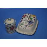 A POOLE BUTTER DISH AND JAM POT WITH SPOON