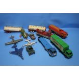 A MIXED LOT OF VINTAGE DIE CAST VEHICLES to include three Dinky aeroplanes (Phantom II F4K. Hawker