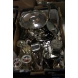 A TRAY OF MIXED PLATED WARE TO INCLUDE TEAPOT, CAKE STAND, DRESSING TABLE MIRRORS, JEWELLERY BOX,