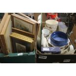 A TRAY OF PICTURES AND A TRAY OF CROCKERY TO INCLUDE DENBY, ROYAL WORCESTER, WEDGWOOD ETC. (TRAYS