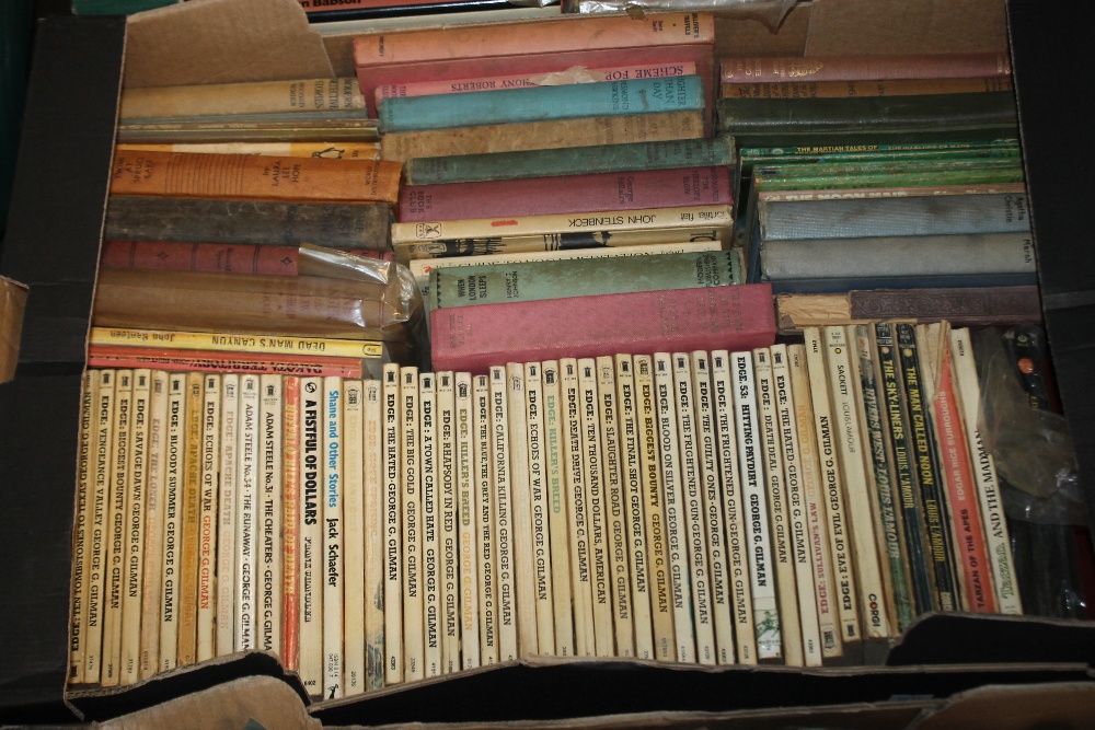 THREE TRAYS OF BOOKS TO INCLUDE HARDBACKS AND PAPERBACKS, WESTERNS ETC. - Image 3 of 4