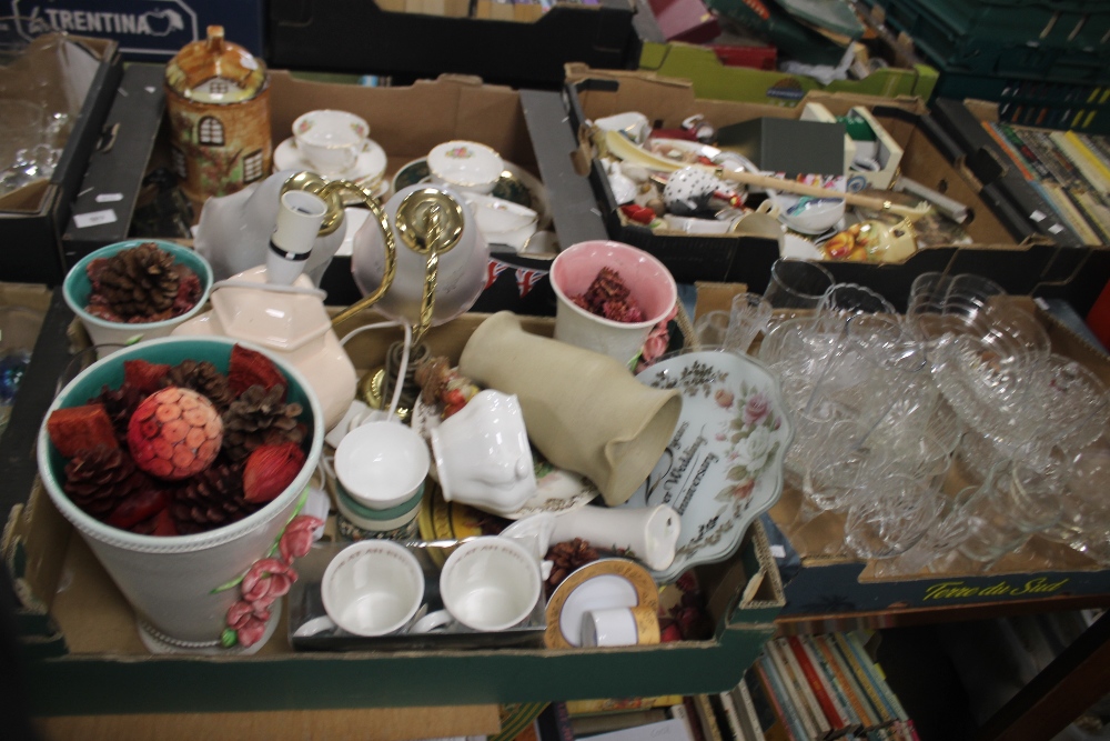 FOUR TRAYS OF MATCHING BRASS TABLE LAMPS, COTTAGE WARE BISCUIT BARREL, VINTAGE OPERA GLASSES, PART