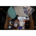 A BOX OF SUNDRIES TO INCLUDE PHOTO ALBUM, TRINKET BOX, BAYLISS & HARDING GIFT SET, SCENTED CANDLES