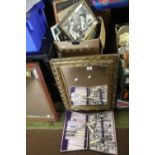 A LARGE BOX OF ASSORTED PICTURES, A BOXED CUTLERY SET, A DIGITAL PHOTO FRAME AND A GILT MIRROR,