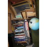 A LARGE GLOBE OF THE WORLD, VARIOUS PICTURES, PICTURE MIRROR, ORNAMENTS, CLOCK AND A BOX OF HARDBACK