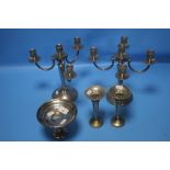 TWO WHITE METAL CANDELABRAS, TWO WHITE METAL CANDLESTICKS AND A WHITE METAL DISH