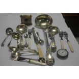 A COLLECTION OF WHITE METAL FLATWARE POCKET WATCH AND A SMALL MANTEL CLOCK