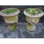 TWO LARGE RECONSTITUTED STONE PLANTERS AND STANDS/PLINTHS WITH LION'S HEAD DETAIL
