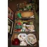 FOUR BOXES OF SUNDRIES INCLUDING GLASS, CHINA, ORNAMENTS ETC.