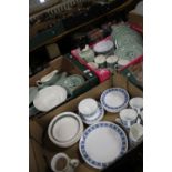 THREE TRAYS OF TEA AND DINNERWARE, MAINLY WEDGWOOD AND ROYAL TUSCAN (TRAYS NOT INCLUDED)