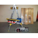 A COLLECTION OF TOOLS INCLUDING ALUMINIUM STEP LADDER, TOOL BOX, WOODEN FLOORING ETC.