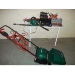 A QUALCAST ELECTRIC MOWER WITH ELECTRICAL HAND TOOLS