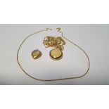 A 9 CT GOLD LOCKET ON CHAIN TOGETHER WITH A YELLOW METAL FOB WATCH ON CHAIN