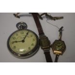 A VINTAGE LADIES 9 CT GOLD CASED WRISTWATCH AND STRAP A/F ALONG WITH TWO OTHER WATCHES